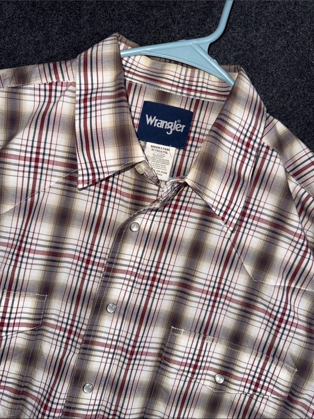 Wrangler Mens Plaid Western Snap Shirt Long Sleeve Tan Burgundy MWR176M XLT